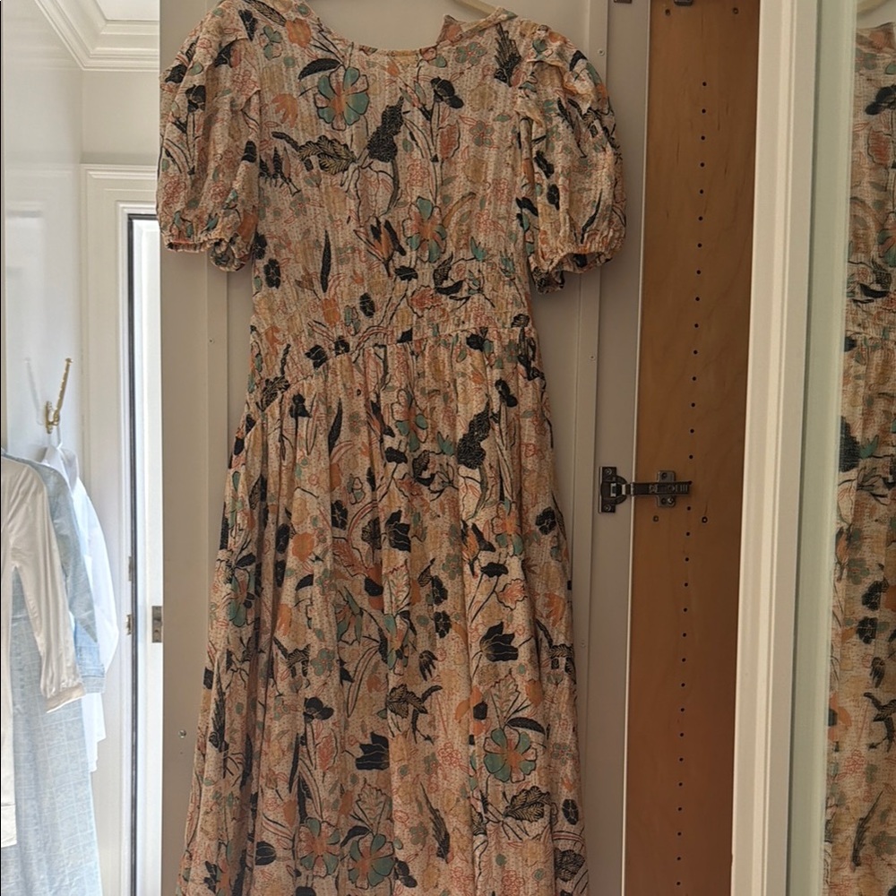 ULLA JOHNSN - Floral Puff-Sleeve Midi Dress in Cream and Blue